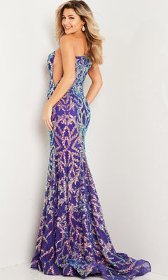 Woman standing and smiling, wearing the One-Shoulder Jovani Red Sequin Prom Dress 22845—a floor-length fitted gown featuring a striking one-shoulder design and covered in dazzling red sequins.