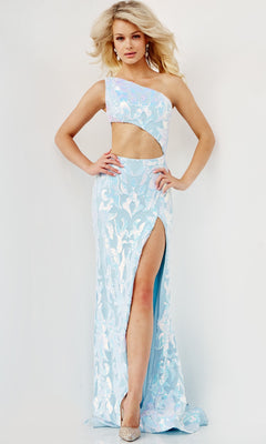 A woman poses in the Jovani Sequin-Print Long Cut-Out Prom Dress 22853, featuring a light blue one-shoulder design, side cutout, thigh-high slit, and sparkling sequins. She completes the look with sparkly high heels.