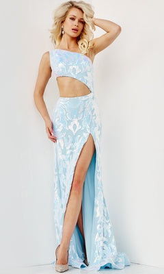 A woman poses in a Jovani Sequin-Print Long Cut-Out Prom Dress 22853 in light blue, showcasing its one-shoulder design, waist cut-out, high slit, sequin details, and silver heels against a white background.