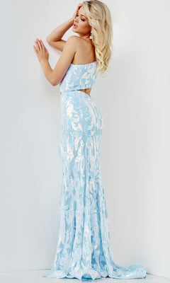 A woman in the Jovani Sequin-Print Long Cut-Out Prom Dress 22853 poses against a white wall, facing away from the camera.