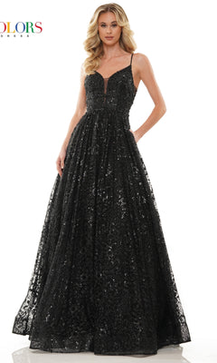 A woman models the Long Glitter Princess Prom Ball Gown 2288—a floor-length black glitter mesh dress with thin straps and a fitted bodice—standing against a plain white background.