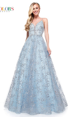 A woman wears the Long Glitter Princess Prom Ball Gown 2288, featuring a light blue, floor-length design with sparkling embellishments and a fitted bodice, standing against a white background.