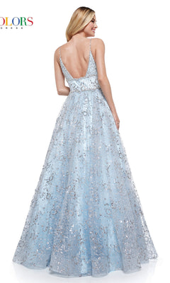 Woman wearing the Long Glitter Princess Prom Ball Gown 2288—a light blue, floor-length glitter mesh dress with thin straps and a low back—standing and looking to the side against a white background.