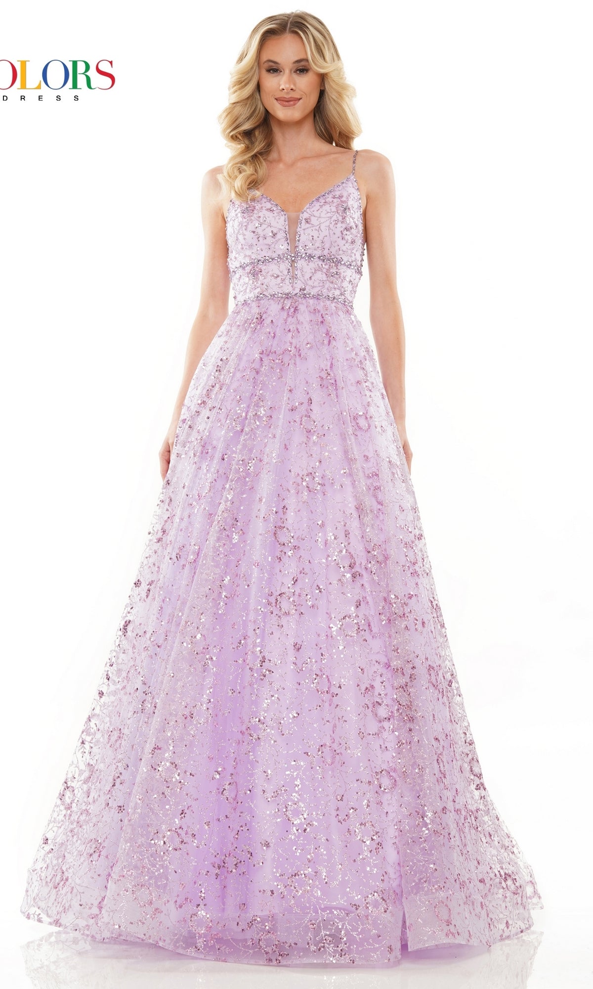 A woman wears the Long Glitter Princess Prom Ball Gown 2288, a sleeveless, floor-length lavender dress with sparkly sequin embellishments, standing against a white background.