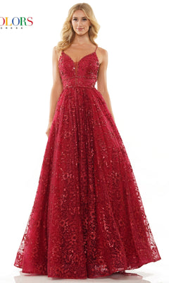 A woman stands against a white background wearing the Long Glitter Princess Prom Ball Gown 2288, a sleeveless deep red mesh dress with a fitted bodice and full floor-length skirt.