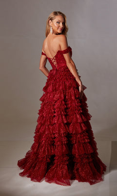 A woman models the Lace-Up Long A-Line Glitter Prom Dress with Ruffles, featuring a red off-shoulder design and elegant lace-up back—perfect for formal occasions.