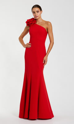 Red one-shoulder evening gown with floral detail on a white background