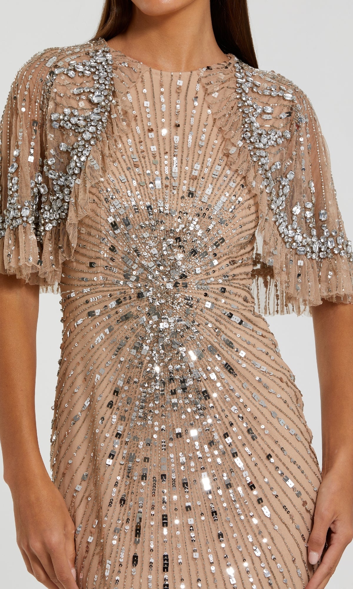 beige beaded cocktail dress Mac Duggal - Embellished Mesh Fitted Gown With Capelet Color:Gold/Blue while full lining ensures Azazie Oksana Royal Blue mogulgallery