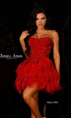 A woman poses against a black background in the Strapless Sequin Hoco Dress: Jessica Angel 2305, a red mini party dress with sequins and feathers. The image features the text "Jessica Angel" and "Style: 2305".