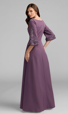 Woman wearing the Beaded-Sleeve Blue Formal Gown: Mac Duggal 2311, standing and looking over her shoulder against a plain background.