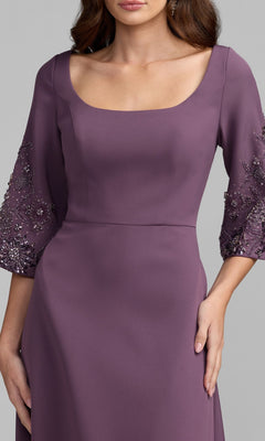 Woman wearing the Mac Duggal 2311 Beaded-Sleeve Blue Formal Gown, featuring a square neckline and three-quarter sleeves embellished with beads and sequins.