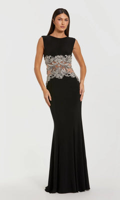 A woman stands against a white background in the Mac Duggal 2324 long formal black dress, which has a sleeveless floor-length design and a beaded illusion waist with silver floral embroidery.