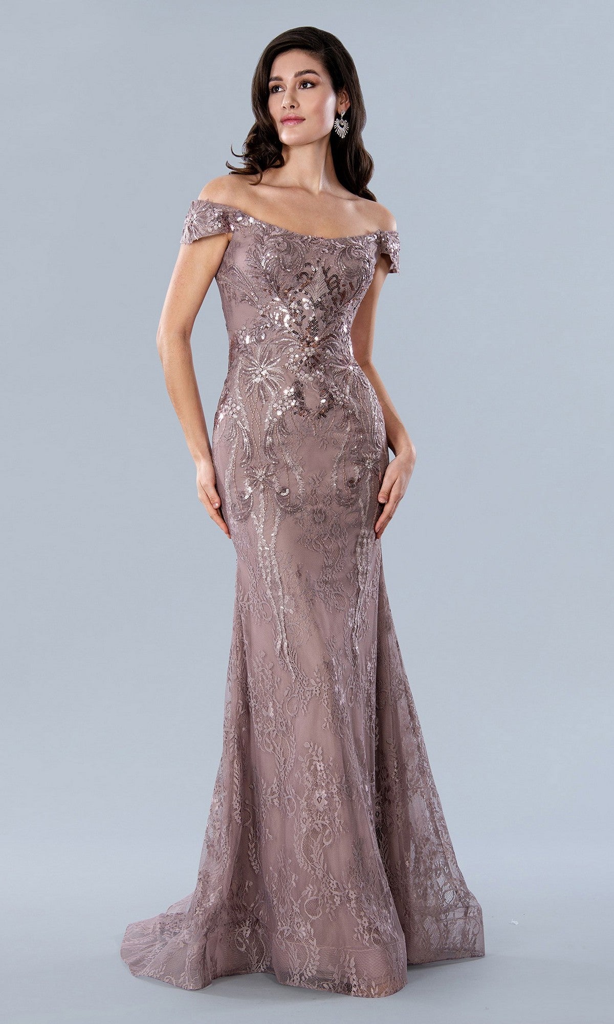 A woman wears the Stella Couture 23357 long formal dress in rose, featuring off-the-shoulder lace and intricate sequins, standing against a plain gray background.