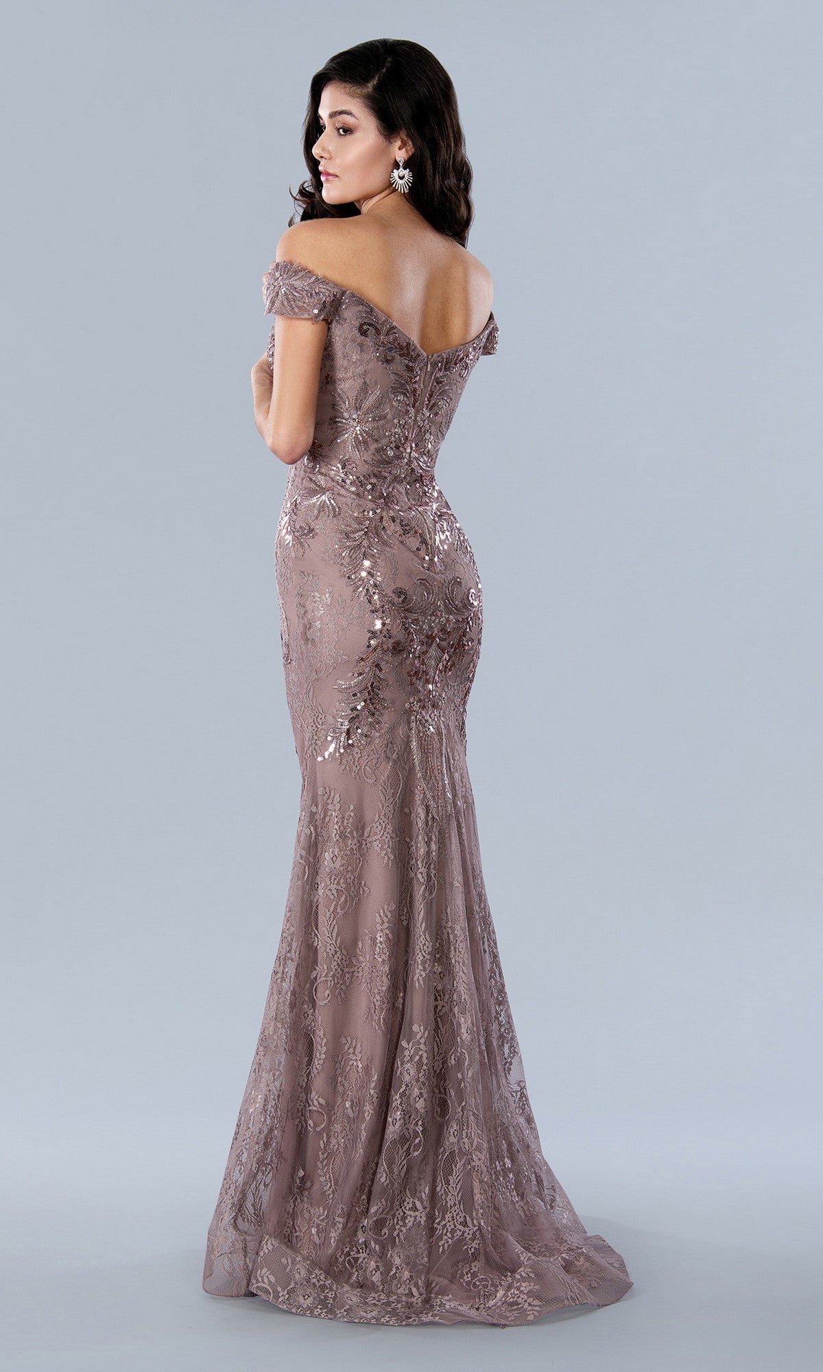 Woman wearing the Stella Couture 23357 long formal dress, an off-the-shoulder lace gown adorned with sequins, stands turned slightly to highlight the stunning back details.