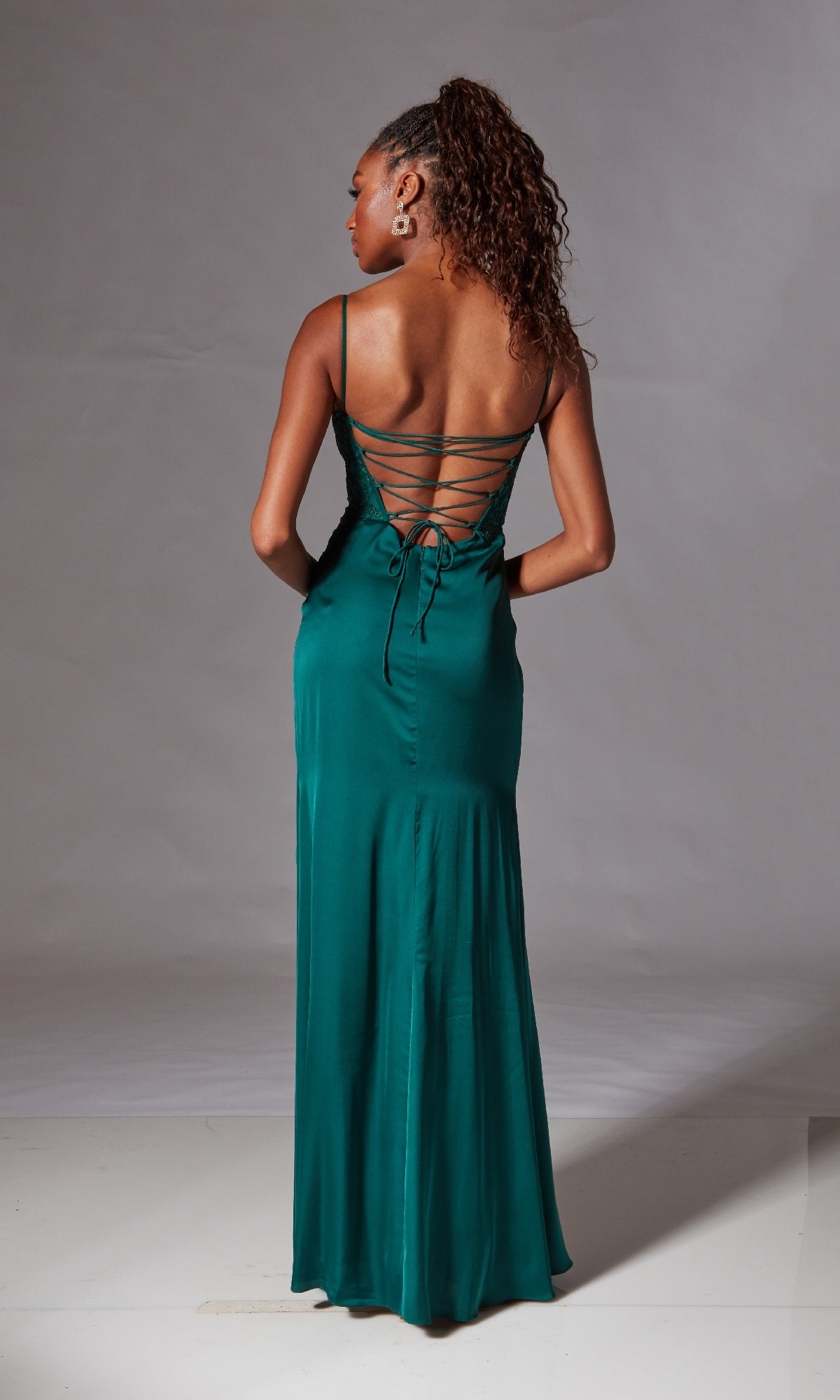Lace-Up Long Prom Dress with Glitter Bodice Pine / 14 Lace-Up Long Prom Dress with Glitter Bodice Pine / 14