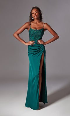 Lace-Up Long Prom Dress with Glitter Bodice Pine / 14
