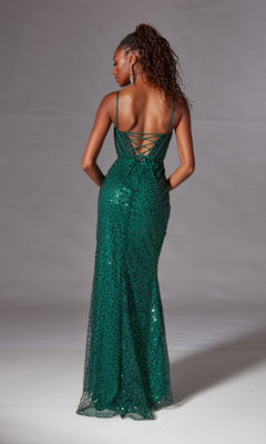 A woman faces away against a plain gray background, wearing the Aerie Couture 234 Sequin Long Corset Prom Dress with thin straps and a lace-up back.