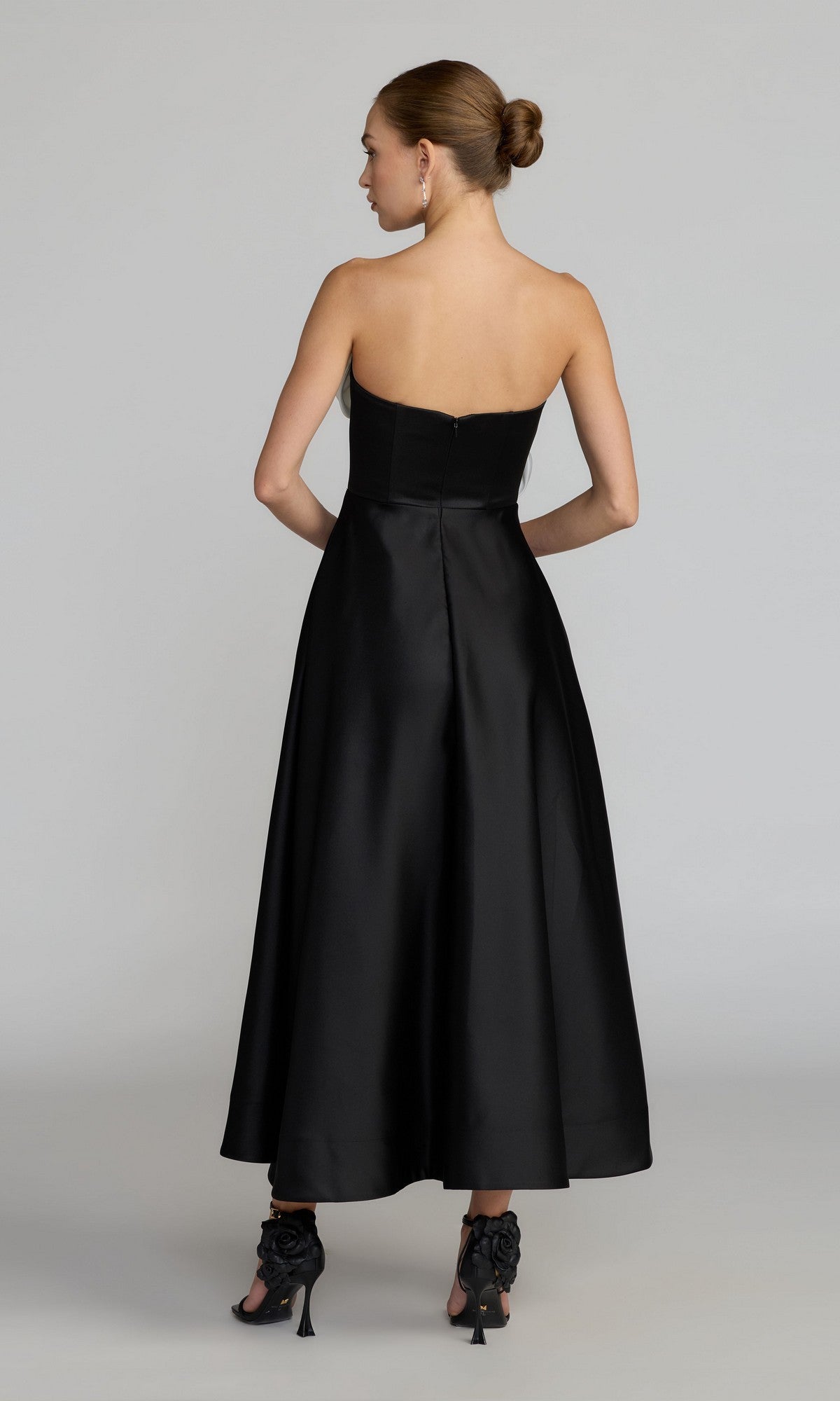 formal black a line dress Mac Duggal Satin Strapless Floral Midi With Applique, Womens, 16, Ivory Colour:Green African dress Ruffled Ruby Glitter Tulle Satin fabric Lining