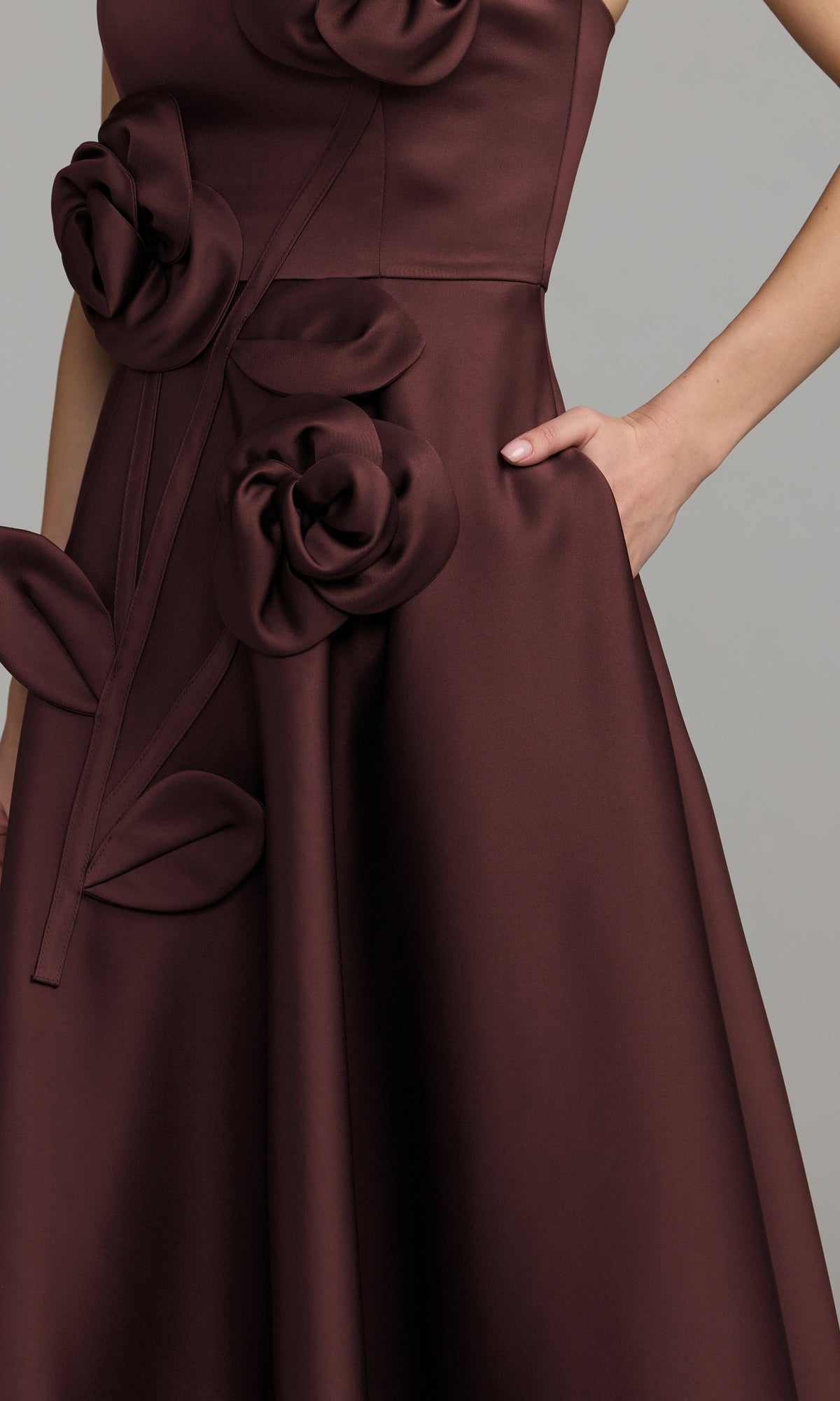 formal midi dress elegant Ieena for Mac Duggal Strapless Satin 3D Flowers - Wine Mardi Gras Celebration