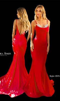 Two views of a woman in the Jessica Angel 2375 Beaded-Neck Long Prom Dress, a fitted floor-length red mermaid gown with thin straps, beaded cowl neckline, ruched low open back, and an elegant train.