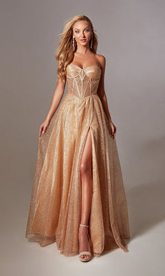 A woman models the Long Glitter Corset Prom Dress: Aerie Couture 237—strapless, with a sheer corset bodice and high slit—standing against a grey background. This elegant evening gown is ideal for any special occasion.