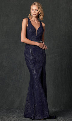 A woman stands against a dark background wearing the Juliet 237 Long Prom Dress—a sleeveless, metallic navy gown with a deep V-neck, fitted silhouette, strappy back, and floor-length hem.