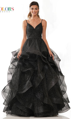A woman stands against a plain white background wearing the Layered Long Tulle Prom Ball Gown 2381—a sleeveless, black formal dress with sparkly details, ruffled layers, and an A-line tulle skirt.