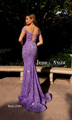 A woman outdoors wears a fitted, off-the-shoulder purple Lace-Up Long Sequin Prom Dress: Jessica Angel 2383, featuring a sequin design and lace-up back. The dress label and style number 2383 are visible.