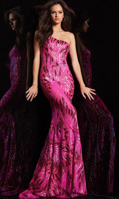 A woman poses in the Jovani One-Shoulder Sequin Long Prom Dress 23876, featuring swirling sequin patterns, against a black background with her reflection visible.