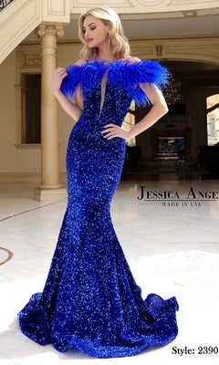 A woman models the Feather Long Sequin Prom Dress: Jessica Angel 2390 in royal blue with shoulder feather accents. "Jessica Angel" and "Style: 2390" are displayed on the image.