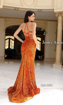 A woman stands indoors in a luxurious space, wearing the Strappy Long Sequin Prom Dress: Jessica Angel 2392—a mermaid gown with lace-up straps, open back, and allover sequins. Text reads "Jessica Angel" and "Style: 2392.