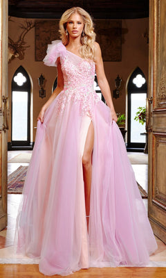 A woman stands indoors wearing the Jovani 23951, a pink multi long prom dress featuring a one-shoulder design, floral embroidery, sheer tulle layers, and a high leg slit.