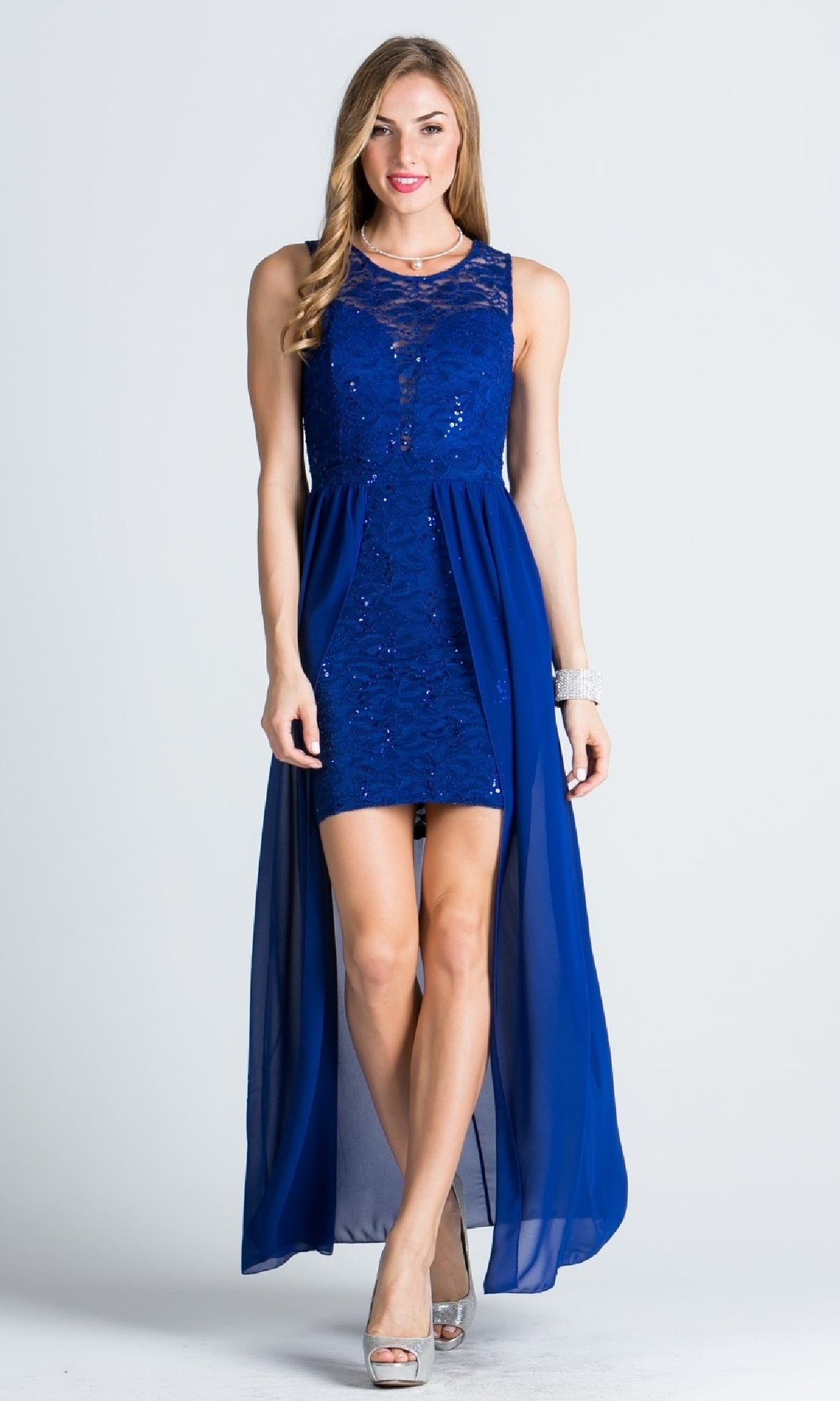 Sleeveless Short Lace Party Dress with Chiffon Overlay