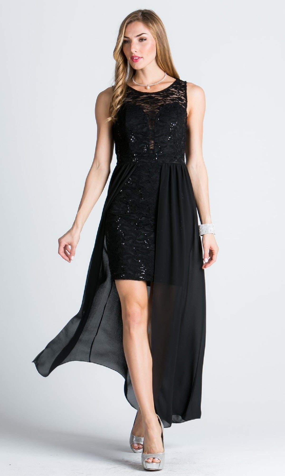 Sequin-Lace High-Low Party Dress with Overlay