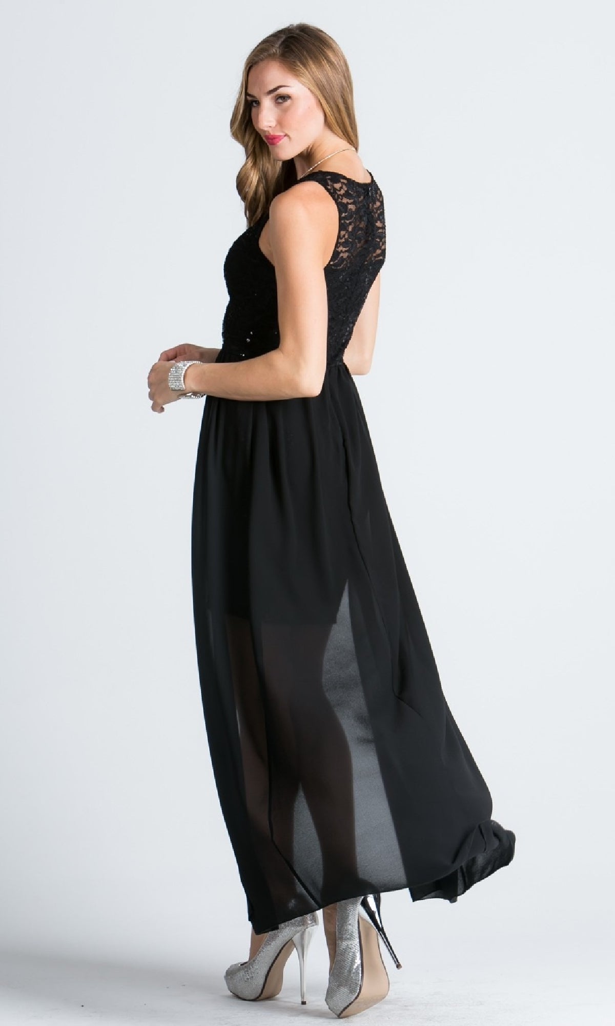 Sequin-Lace High-Low Party Dress with Overlay