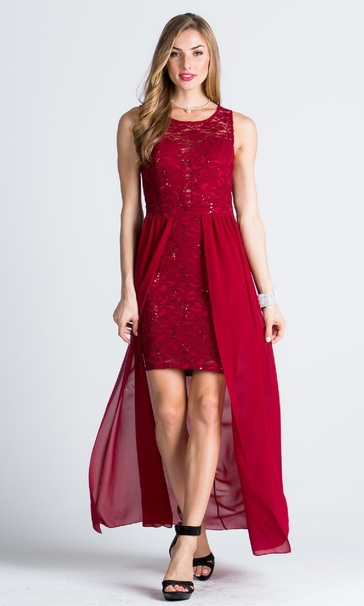 Sequin-Lace High-Low Party Dress with Overlay