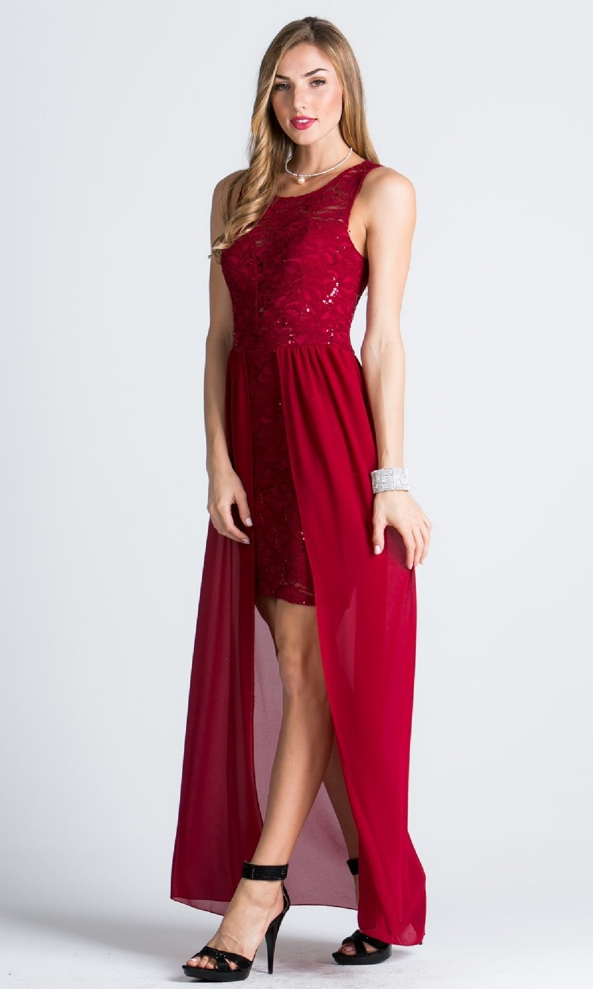Sequin-Lace High-Low Party Dress with Overlay