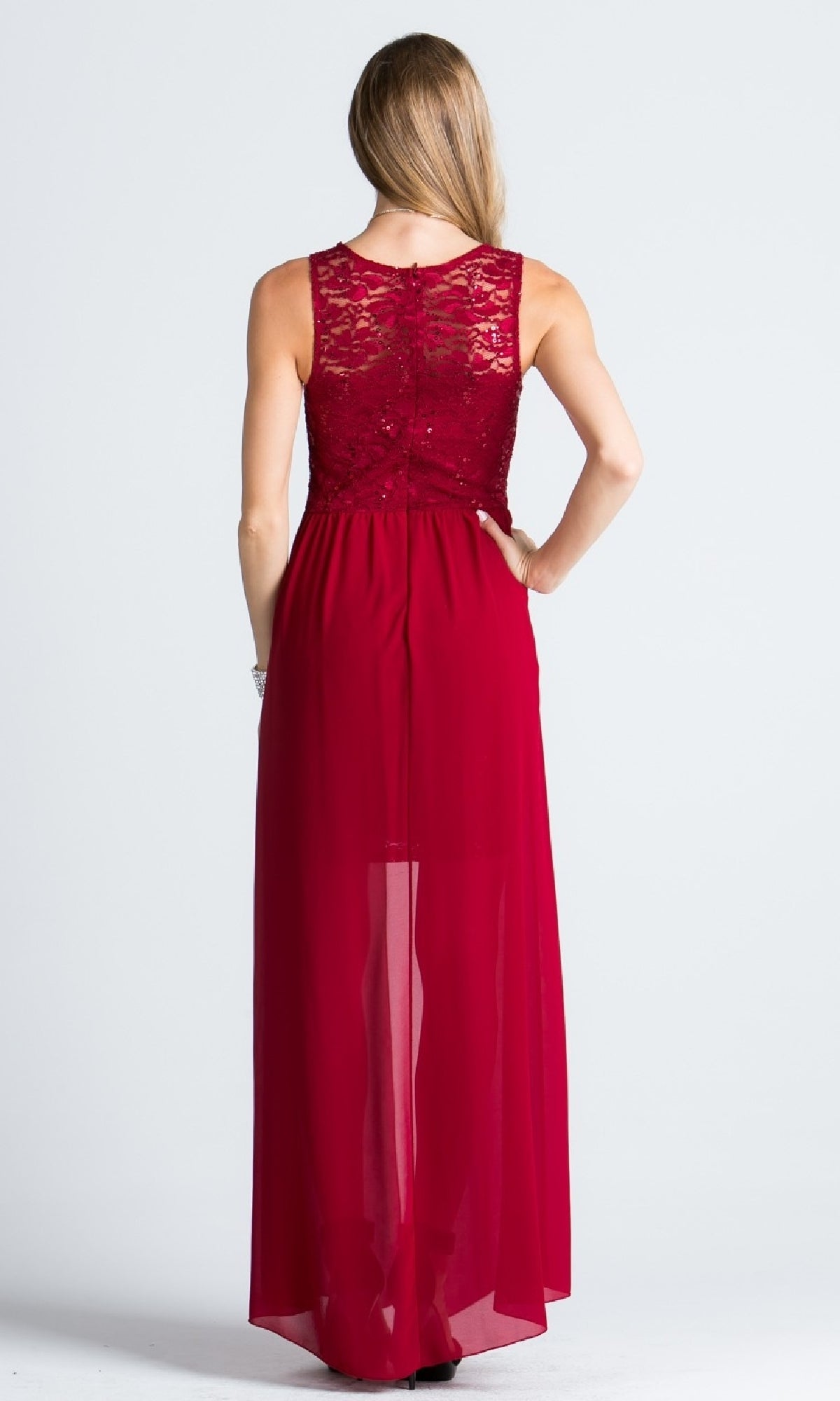 Sequin-Lace High-Low Party Dress with Overlay