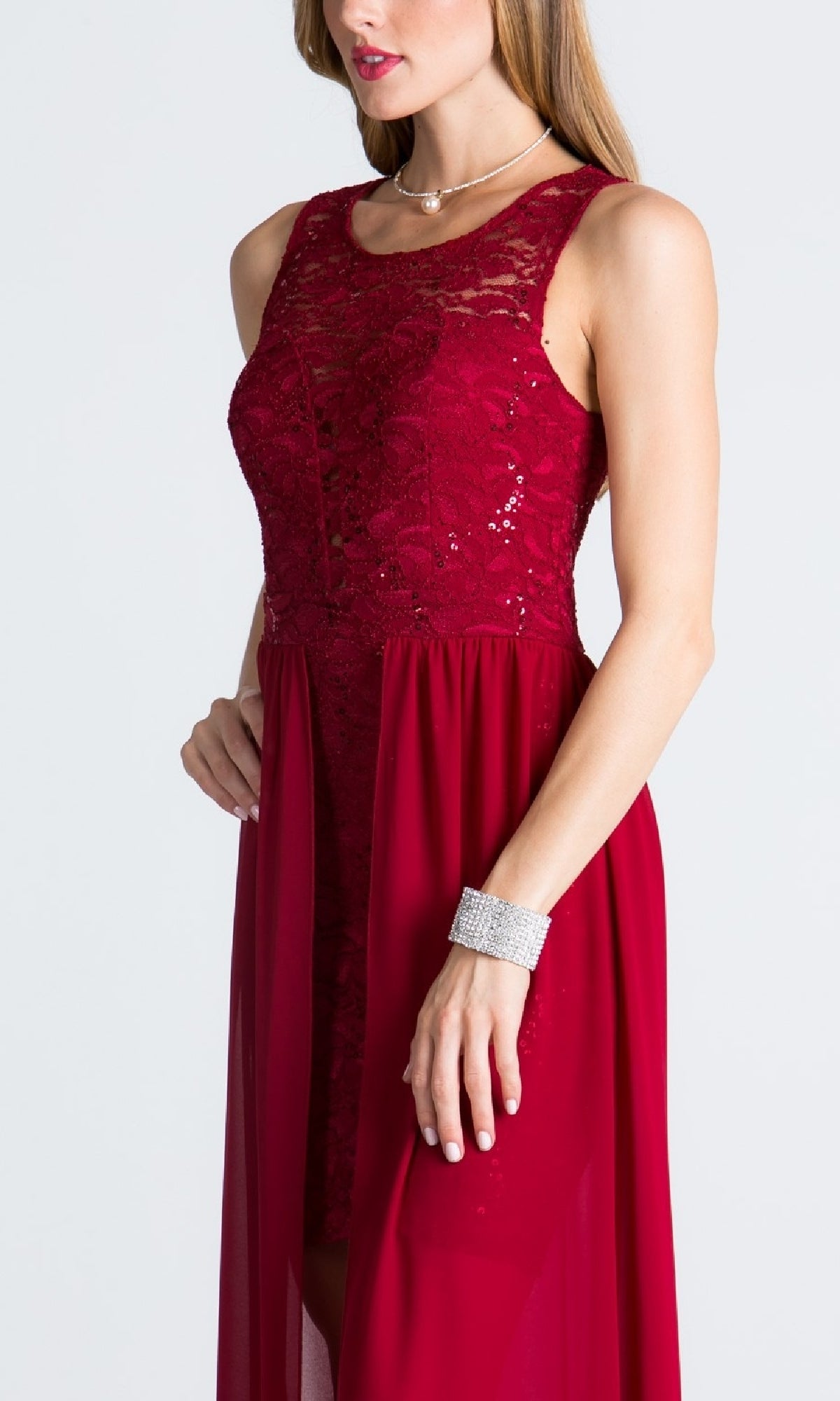 Sequin-Lace High-Low Party Dress with Overlay