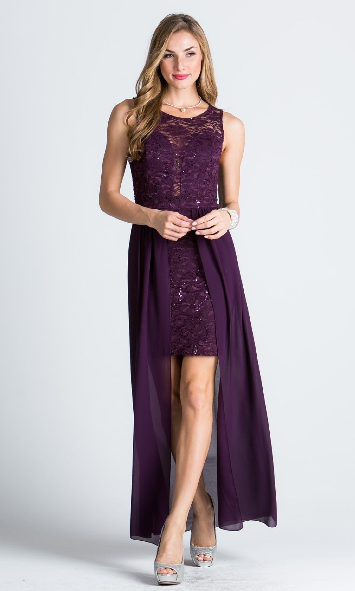 Sequin-Lace High-Low Party Dress with Overlay