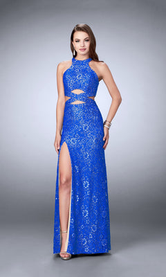 La Femme Lace Prom Dress with Gold Inlays