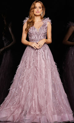 open lace back dress Jovani Feathered Long Pink Prom Dress 24000 Purple/Pink / 00