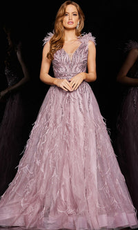 Jovani Feathered Long Pink Prom Dress 24000