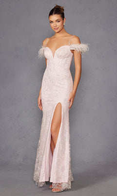 A woman wears the Feather Cold-Shoulder Long Glitter Prom Dress 2402—light pink with off-the-shoulder feathered sleeves, a corset bodice, thigh-high slit, and glitter beading—standing against a plain gray background.