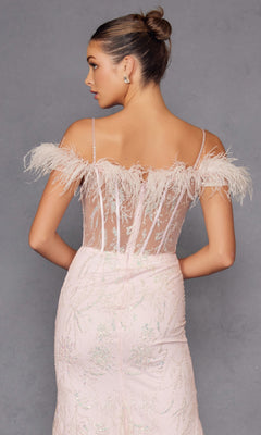 A woman with a bun is seen from the back wearing the Feather Cold-Shoulder Long Glitter Prom Dress 2402, a light pink gown with sequin embellishments and feather details, shown against a gray background.