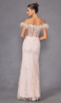 Woman in the Feather Cold-Shoulder Long Glitter Prom Dress 2402, featuring light pink feathers and a sheer corset bodice, stands facing away against a plain gray background.