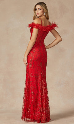 A woman models the Feather Cold-Shoulder Long Glitter Prom Dress 2402, a floor-length red gown with feathered off-the-shoulder trim, corset bodice, and sparkling sequin details, posed against a neutral background.