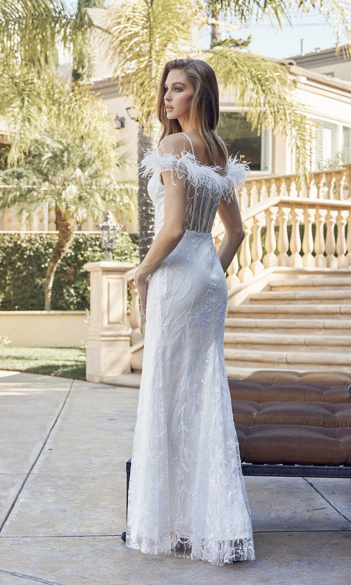 Long White Formal Dress with Feathers 2402W