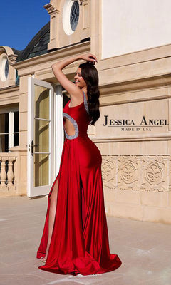 One-Shoulder Long Cut-Out Prom Dress with Bead Trim Sky Blue / 3XLarge