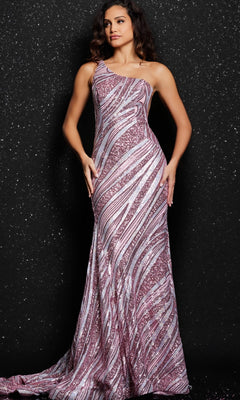 A woman models the Jovani One-Shoulder Long Sequin Prom Dress 24031, featuring silver and purple glittery diagonal stripes, standing against a black sparkling background.